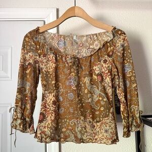 Unyx vintage y2k 90’s brown floral mesh‎ sheer off shoulder bell fairy cropped